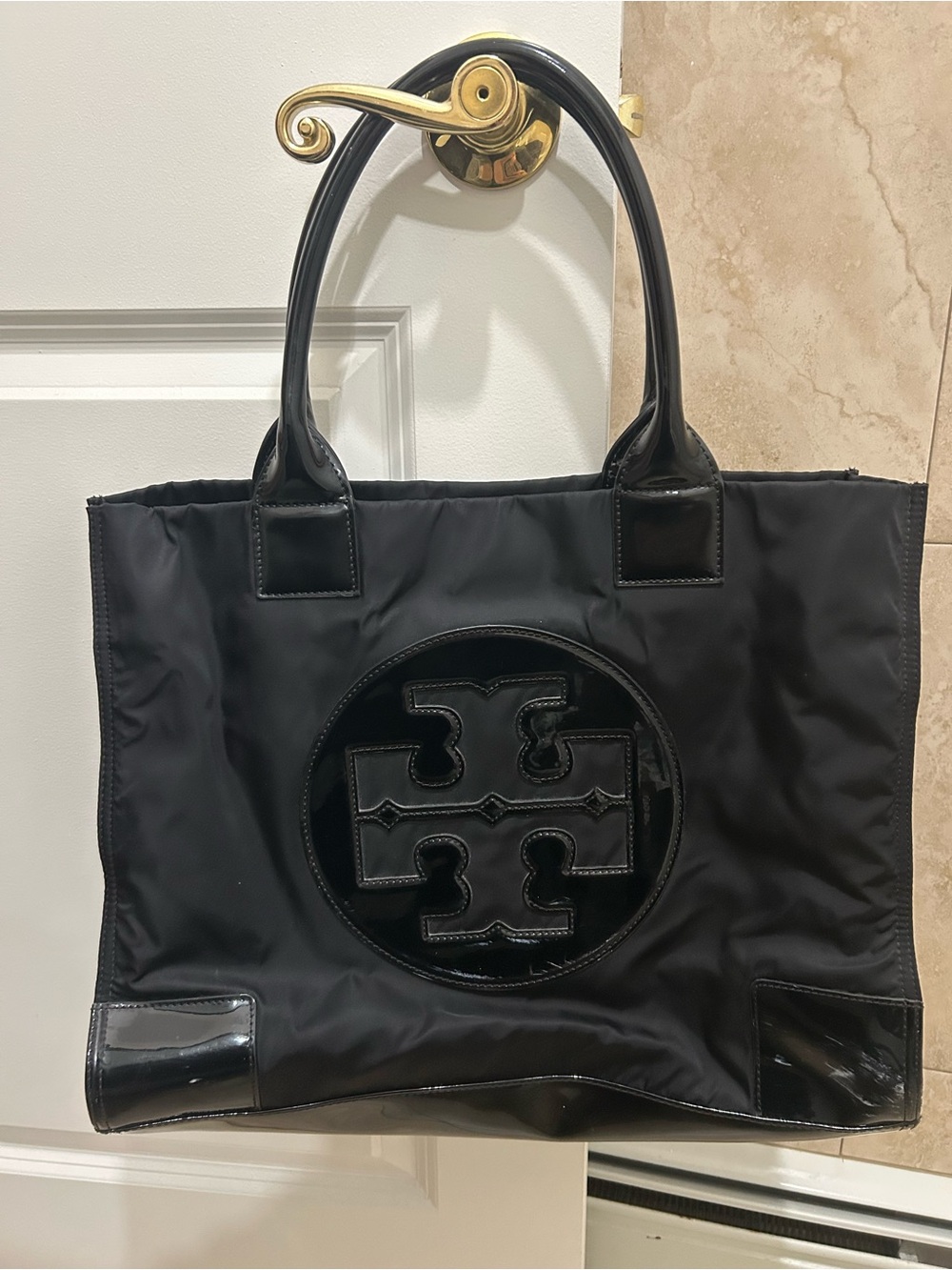 Tory Burch Ella Black Nylon Tote with Patent Trim